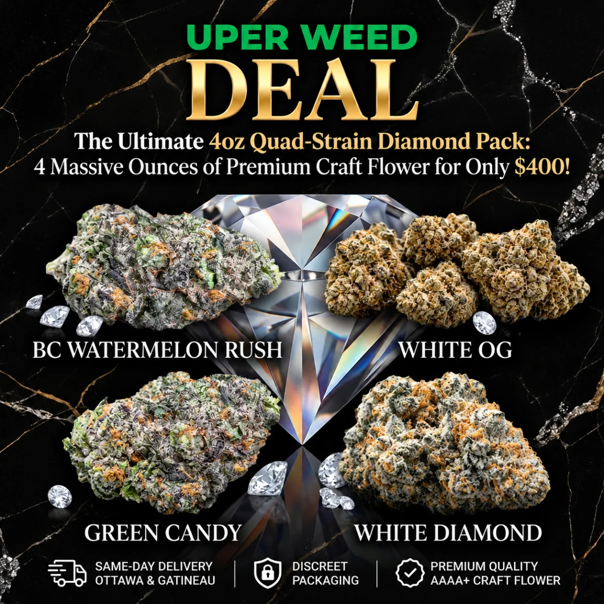 The Ultimate 4oz Quad-Strain Diamond Pack: 4 Massive Ounces of Premium Craft Flower for Only $400! photo 1