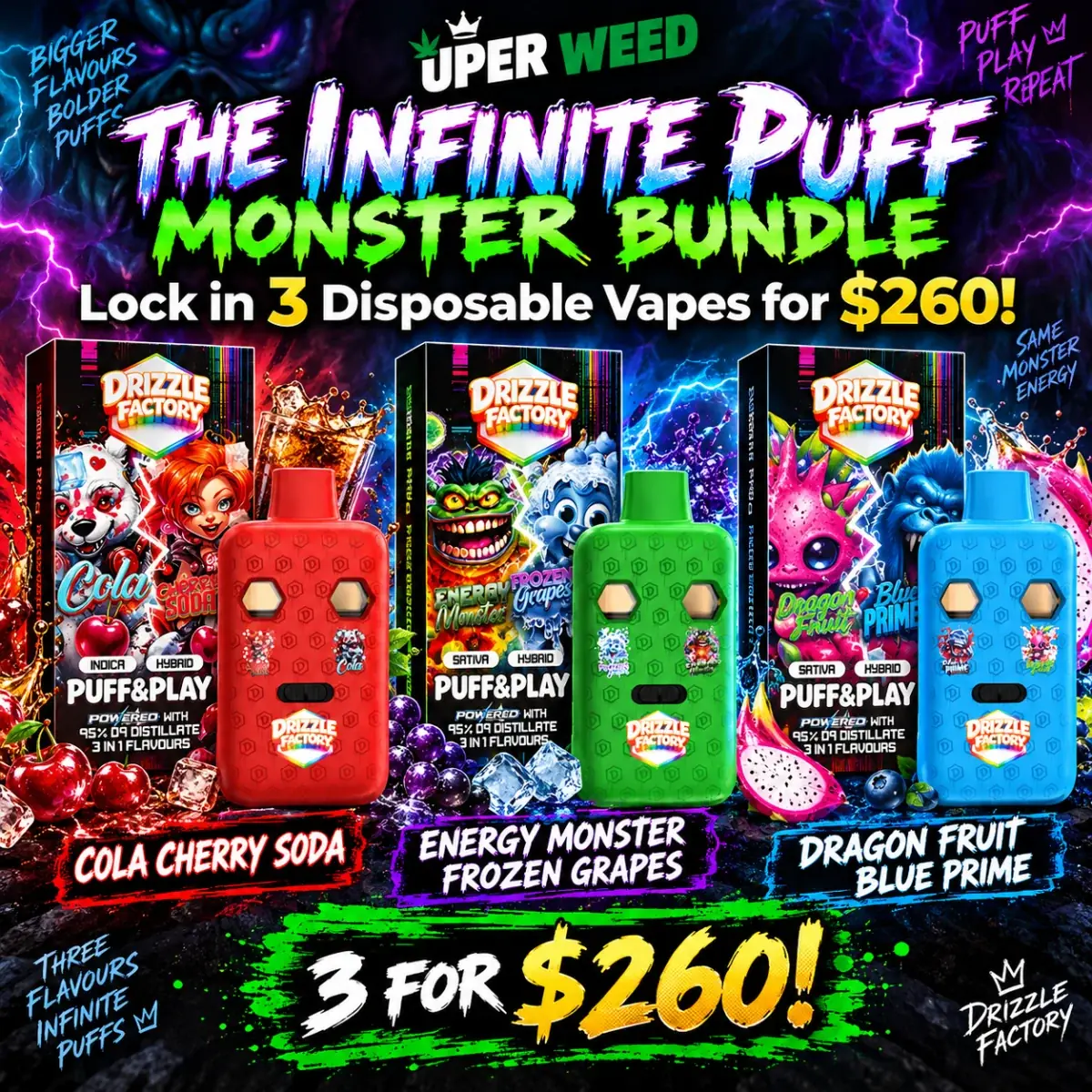 The Infnite Puff Monster Bundle: Lock in 3 Disposable Puff & Play Vapes for $260! photo 1