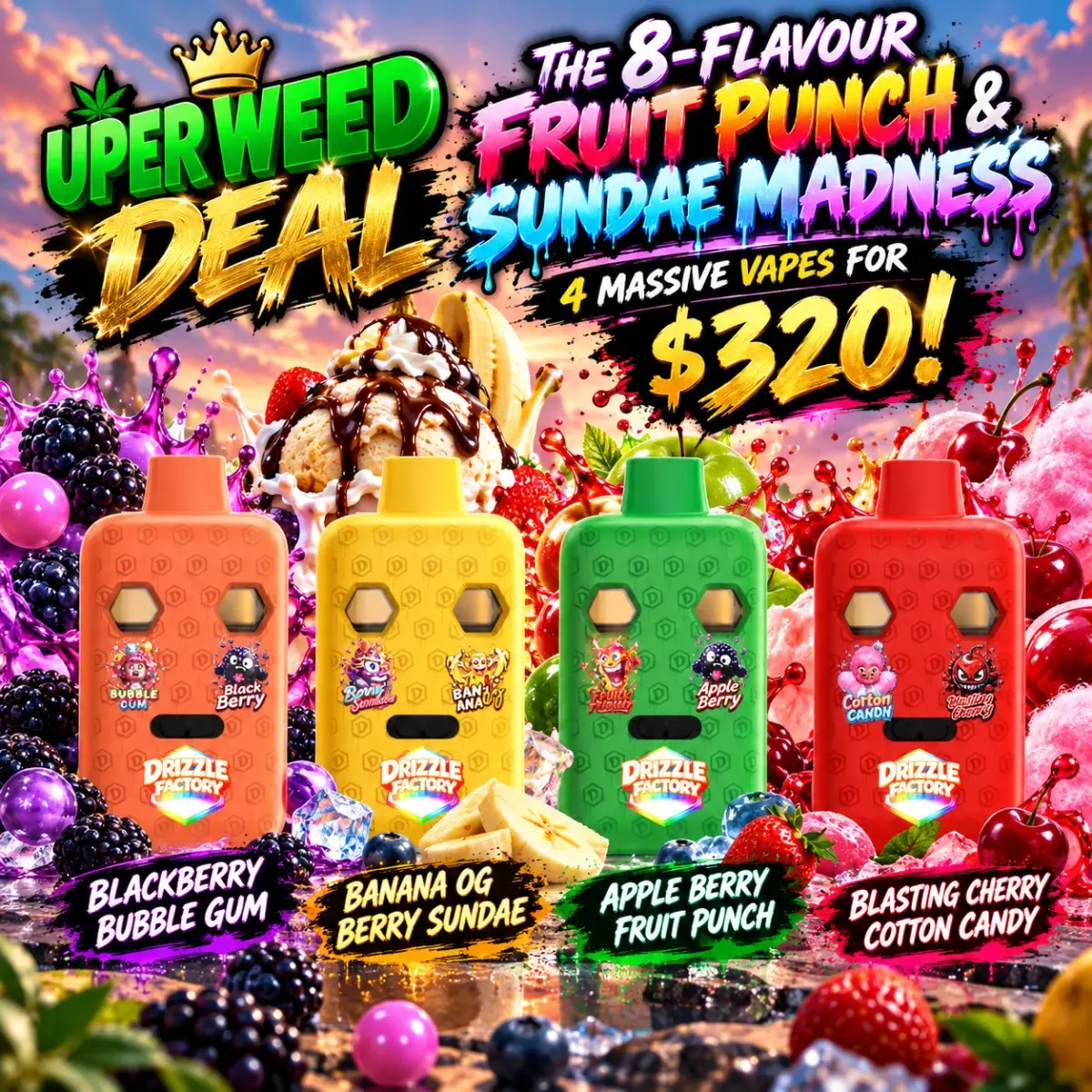 The 8-Flavour Fruit Punch & Sundae Madness: 4 Massive Vapes for $320 (Puff & Play) photo 1